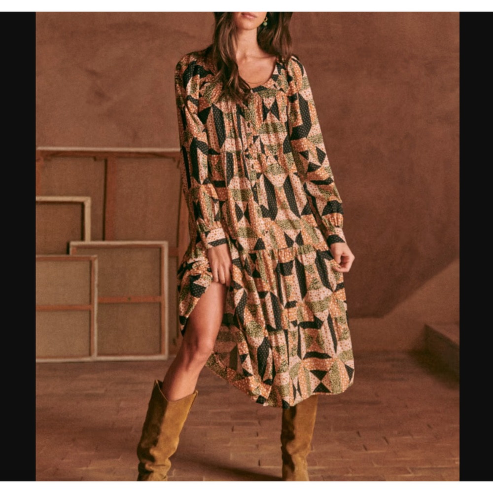 NWT Sezane Sz 4 Yuliana Dress Graphic Patchwork 100% Cotton Boho Midi With Belt
